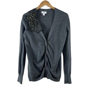 Ann Taylor LOFT Gray Merino Wool Cardigan Embellished Bow Ruched V-Neck Medium